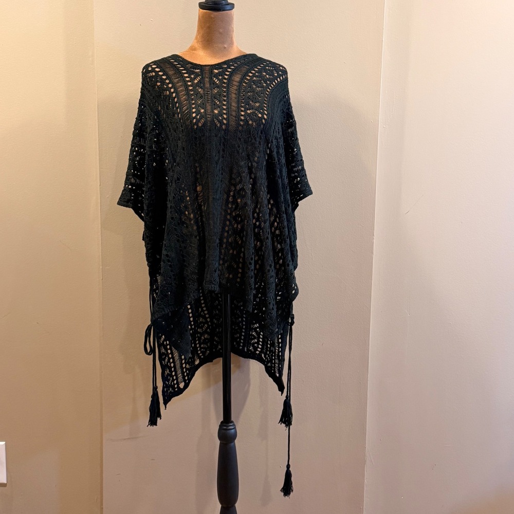 OS Crochet Open-Knit Swimwear Cover-Up Black Boho Resortwear Coastal‎ Vacation